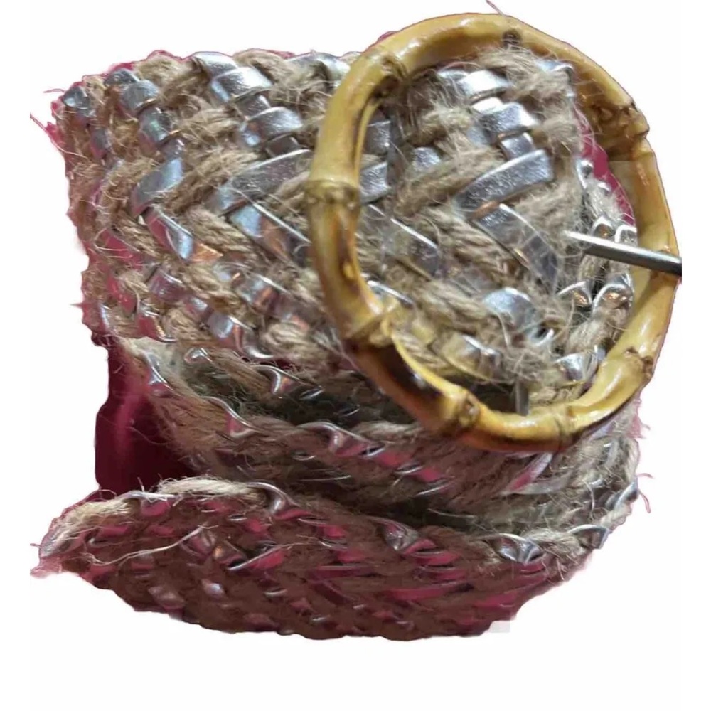 silver tan JUTE wide braided BELT Metallic Round BAMBOO BUCKLE 43”L boho  artsy